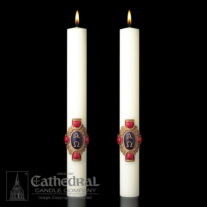 CHRIST VICTORIOUS PASCHAL CANDLE / COMPLEMENTING ALTAR CANDLES