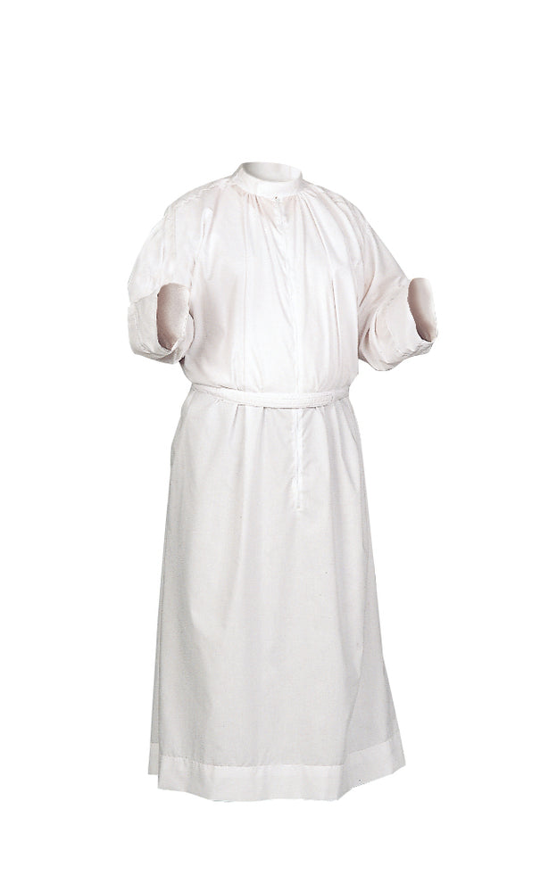 CLERGY FITTED ALB - Style 425 - Clergy Fitted Alb style 425 : Our most popular style! 65% Polyester/35% cotton. Standup collar with 30" zipper and adjustable velcro belt.